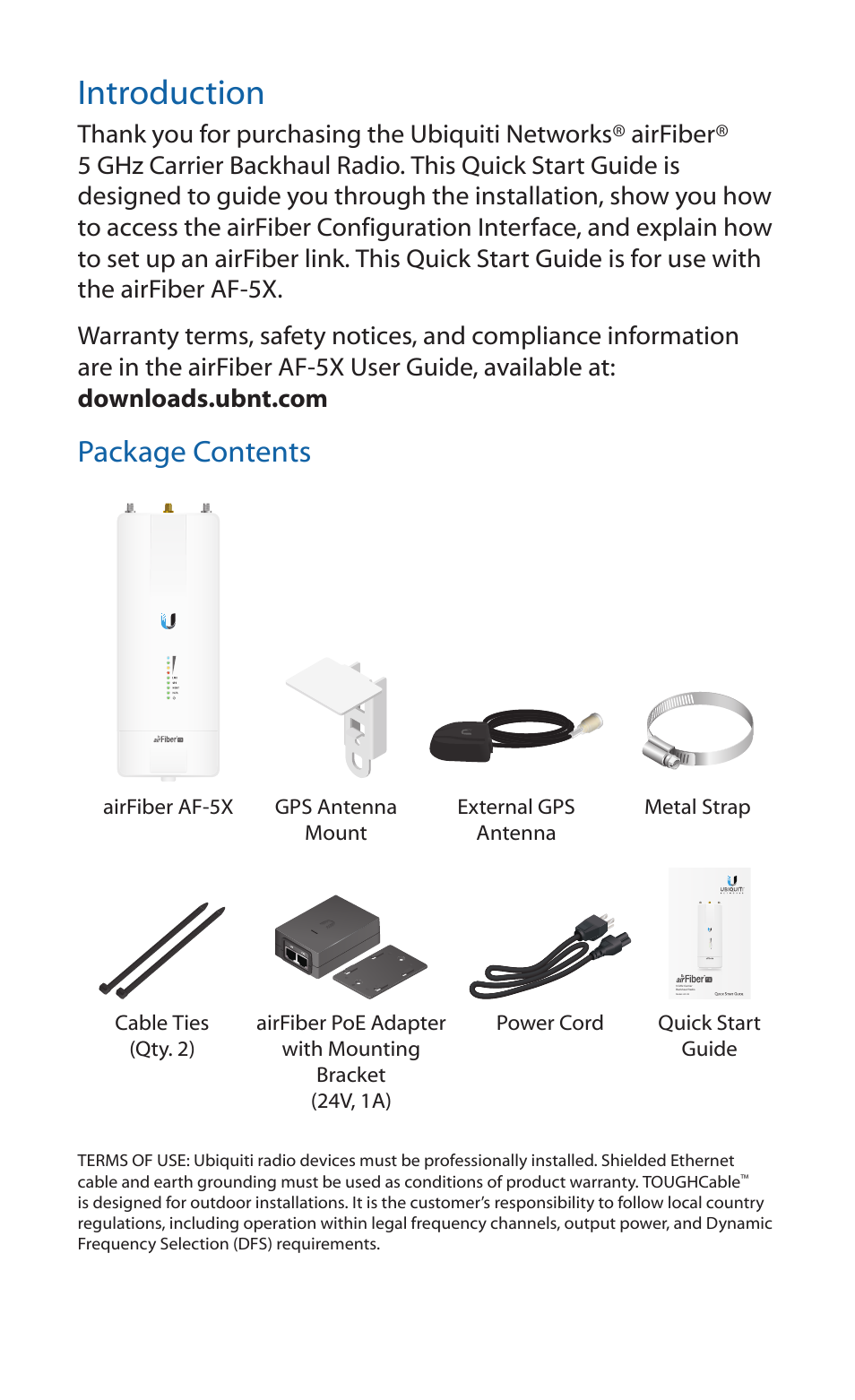 Introduction, Package contents | Ubiquiti Networks airFibe5X User Manual | Page 2 / 28