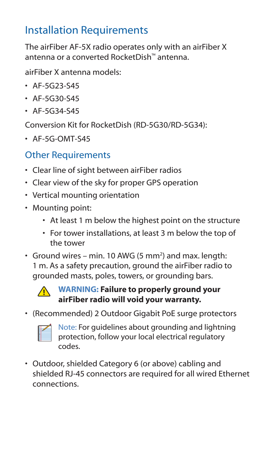 Installation requirements, Other requirements | Ubiquiti Networks airFibe5X User Manual | Page 3 / 28