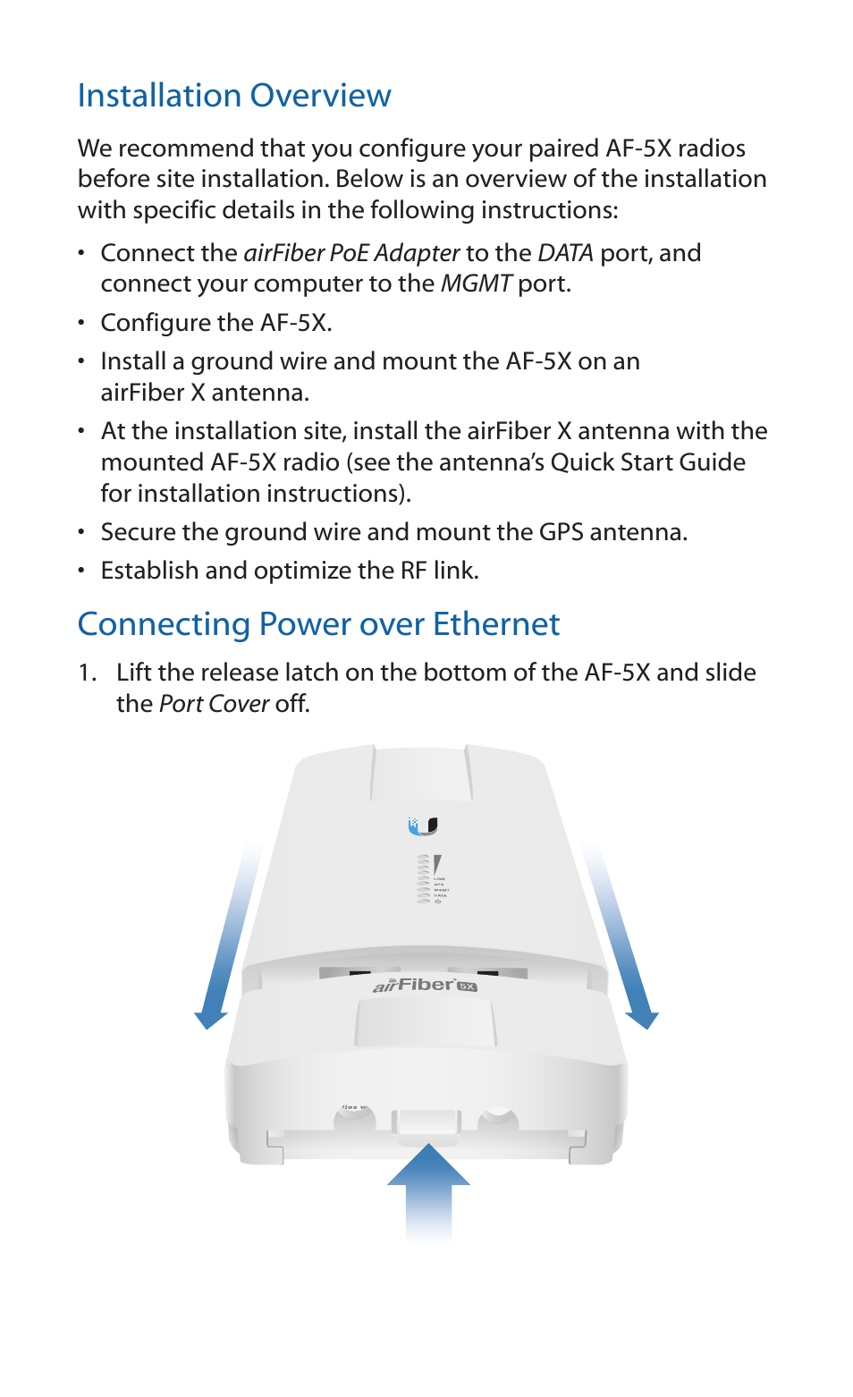 Installation overview, Connecting power over ethernet | Ubiquiti Networks airFibe5X User Manual | Page 8 / 28