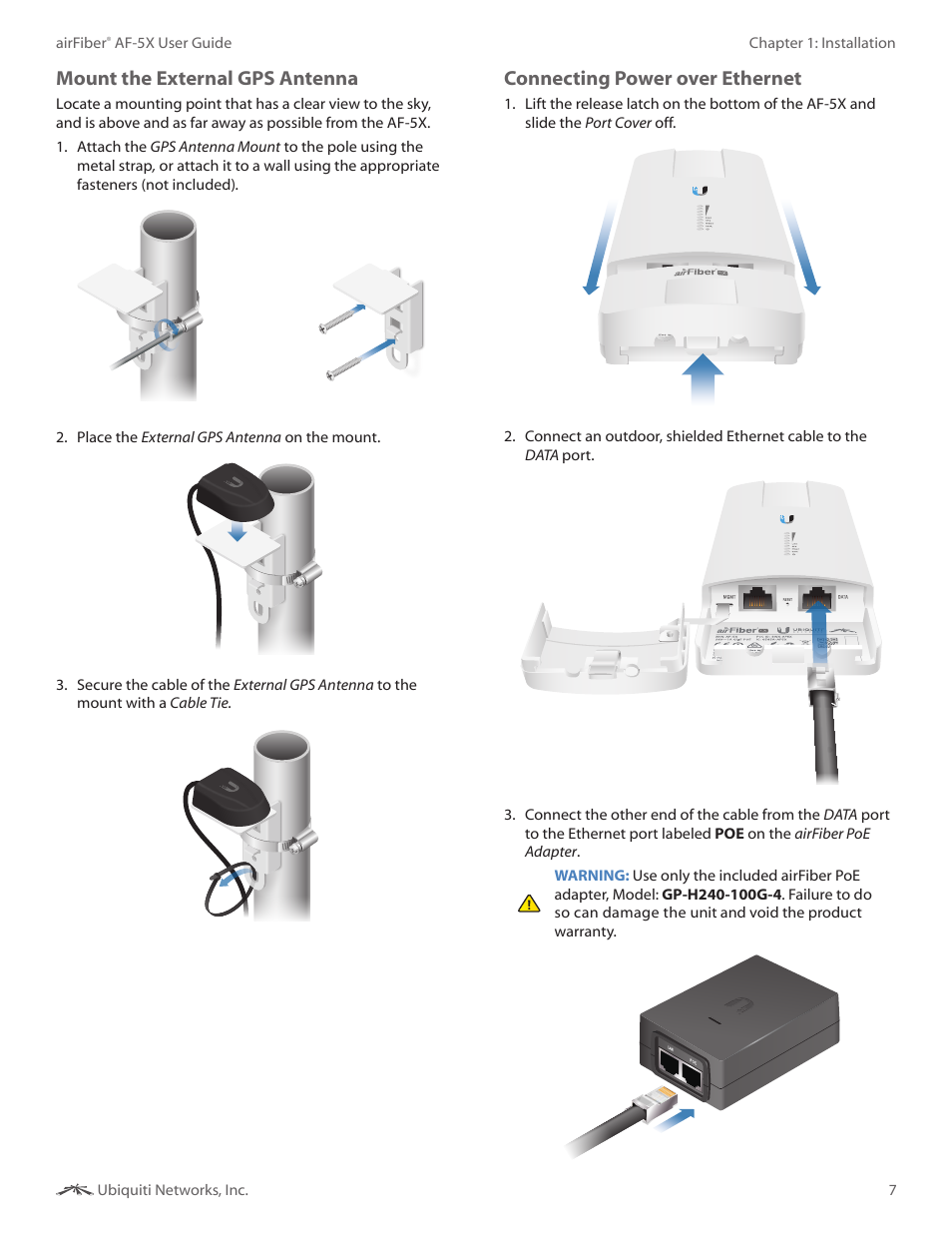 Mount the external gps antenna, Connecting power over ethernet | Ubiquiti Networks airFibe5X User Manual | Page 11 / 50
