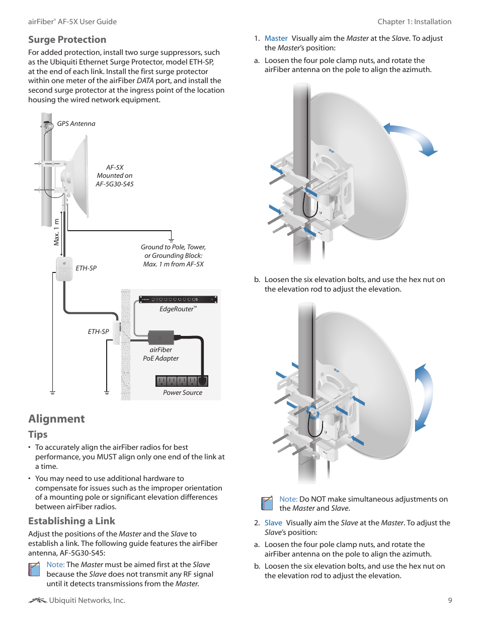 Alignment, Surge protection, Tips | Establishing a link | Ubiquiti Networks airFibe5X User Manual | Page 13 / 50