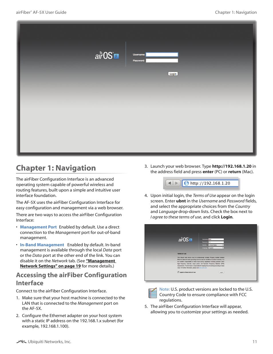 Chapter 3: navigation, Accessing the airfiber configuration interface, Chapter 3 | Navigation, Chapter 1: navigation | Ubiquiti Networks airFibe5X User Manual | Page 15 / 50