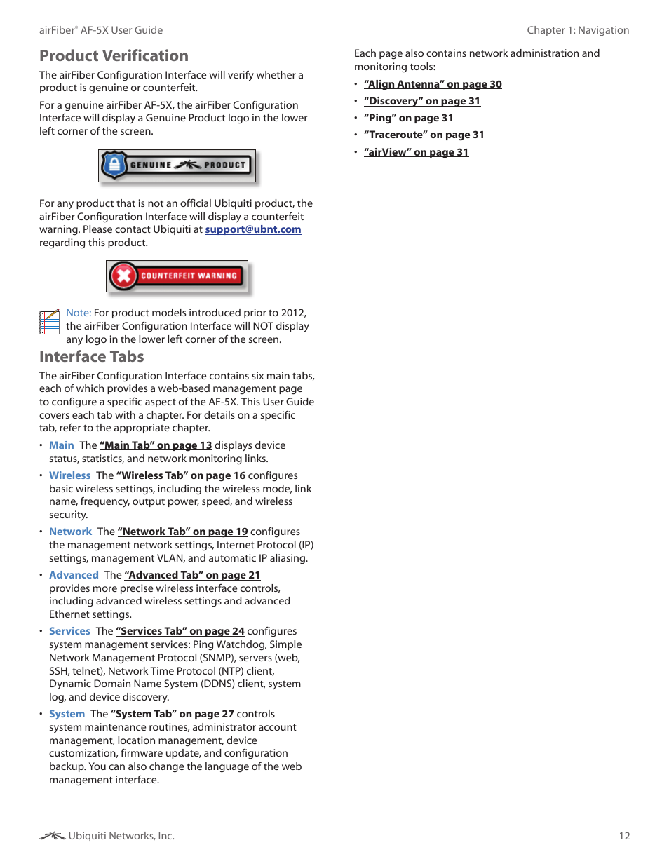 Product verification, Interface tabs, Product verification interface tabs | Ubiquiti Networks airFibe5X User Manual | Page 16 / 50