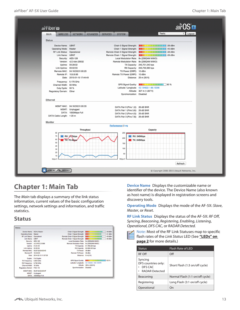 Chapter 4: main tab, Status, Chapter 4 | Main tab, Chapter 1: main tab | Ubiquiti Networks airFibe5X User Manual | Page 17 / 50