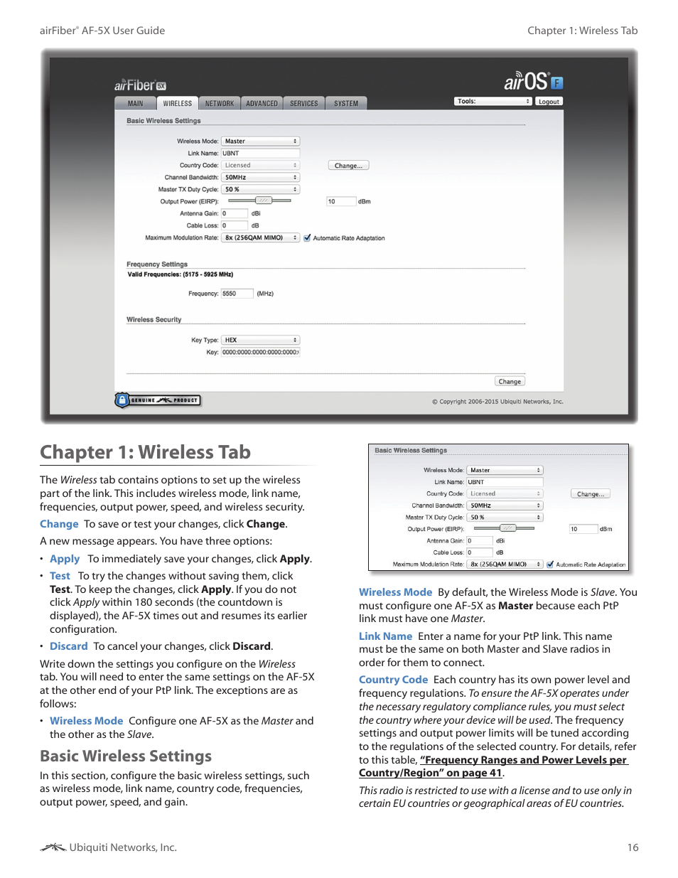 Chapter 5: wireless tab, Basic wireless settings, Chapter 5 | Wireless tab, Chapter 1: wireless tab | Ubiquiti Networks airFibe5X User Manual | Page 20 / 50