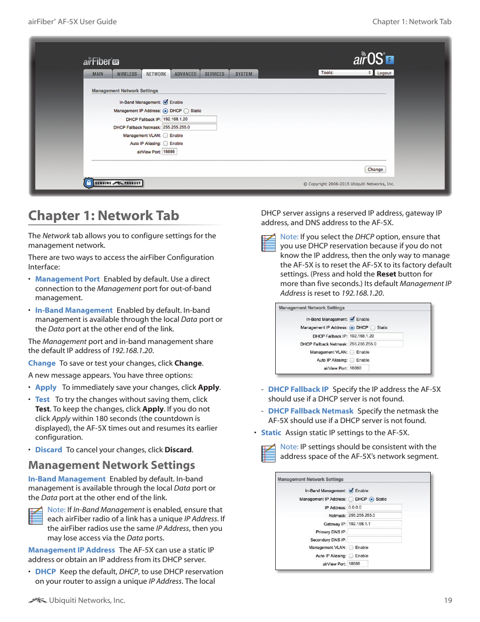 Chapter 6: network tab, Management network settings, Chapter 6 | Network tab, Chapter 1: network tab | Ubiquiti Networks airFibe5X User Manual | Page 23 / 50