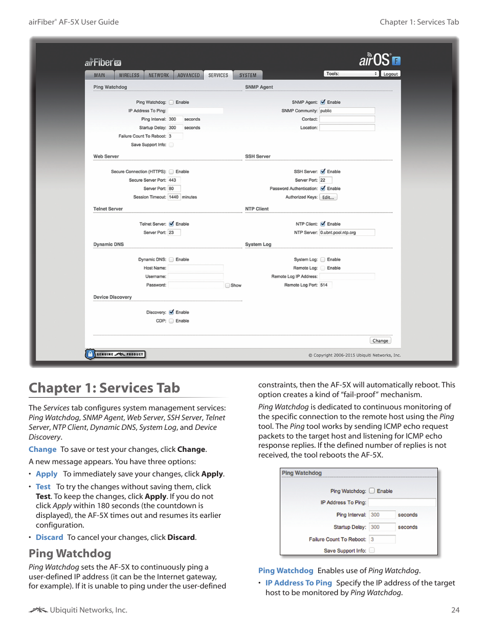 Chapter 8: services tab, Ping watchdog, Chapter 8 | Services tab, Chapter 1: services tab | Ubiquiti Networks airFibe5X User Manual | Page 28 / 50
