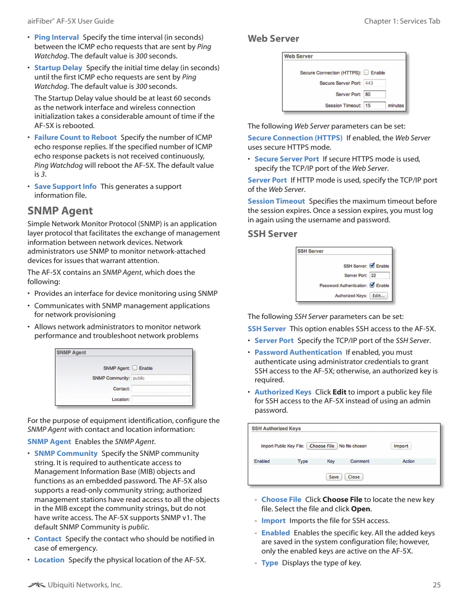 Snmp agent, Web server, Ssh server | Ubiquiti Networks airFibe5X User Manual | Page 29 / 50