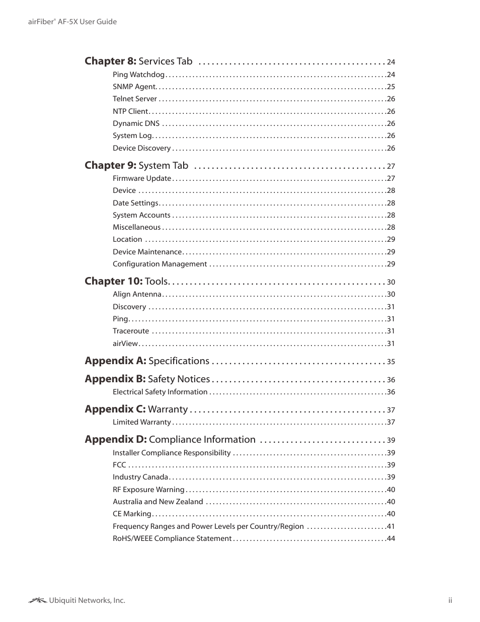 Chapter 8, Chapter 9, Chapter 10 | Appendix a, Appendix b, Appendix c, Appendix d | Ubiquiti Networks airFibe5X User Manual | Page 3 / 50