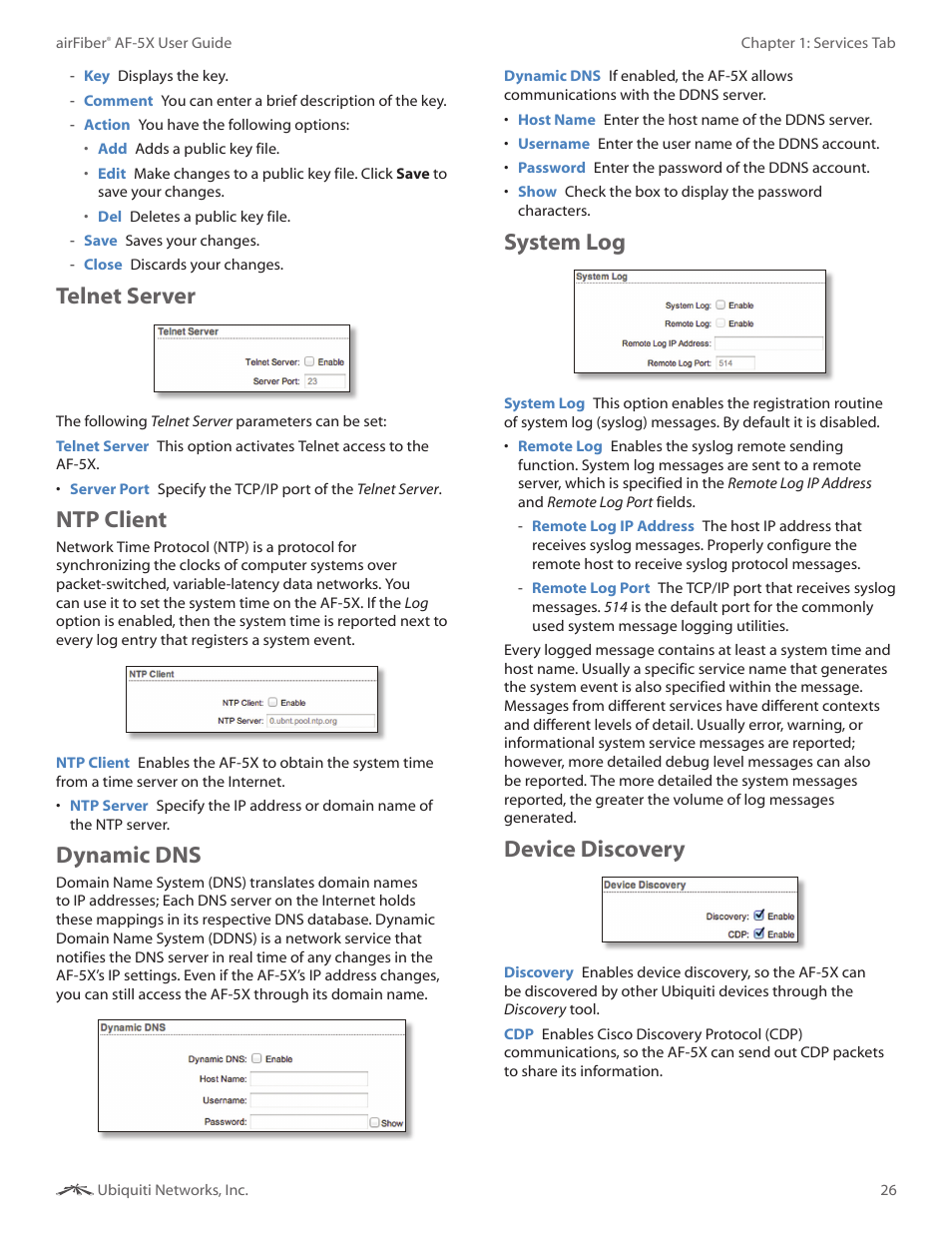 Telnet server, Ntp client, Dynamic dns | System log, Device discovery | Ubiquiti Networks airFibe5X User Manual | Page 30 / 50