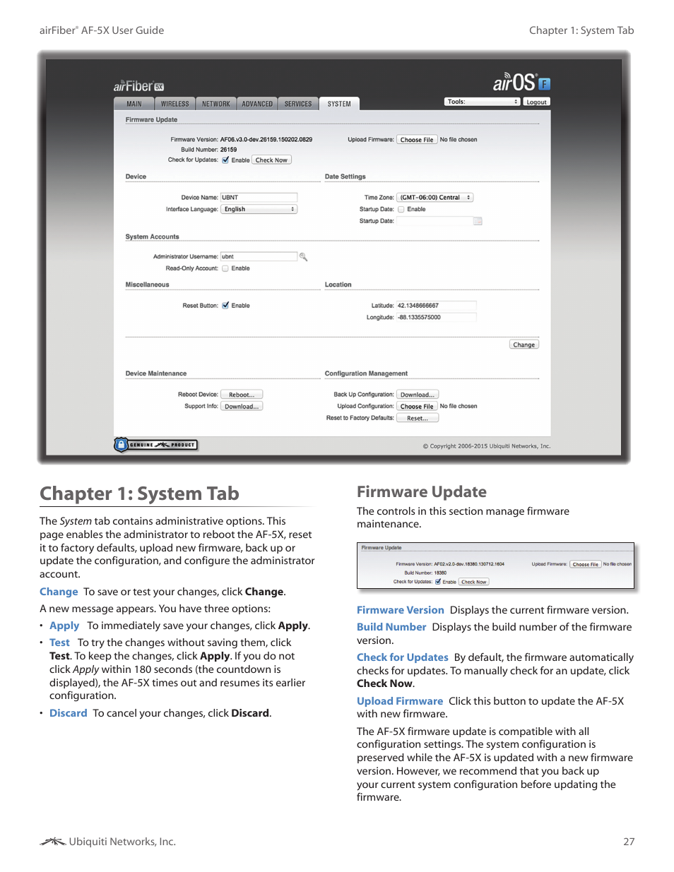 Chapter 9: system tab, Firmware update, Chapter 9 | System tab, Chapter 1: system tab | Ubiquiti Networks airFibe5X User Manual | Page 31 / 50