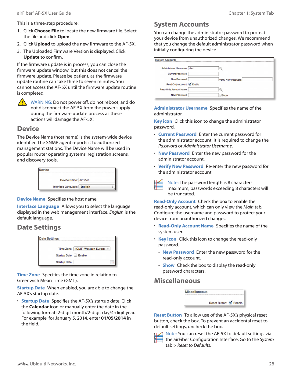 Device, Date settings, System accounts | Miscellaneous, Device date settings system accounts miscellaneous | Ubiquiti Networks airFibe5X User Manual | Page 32 / 50