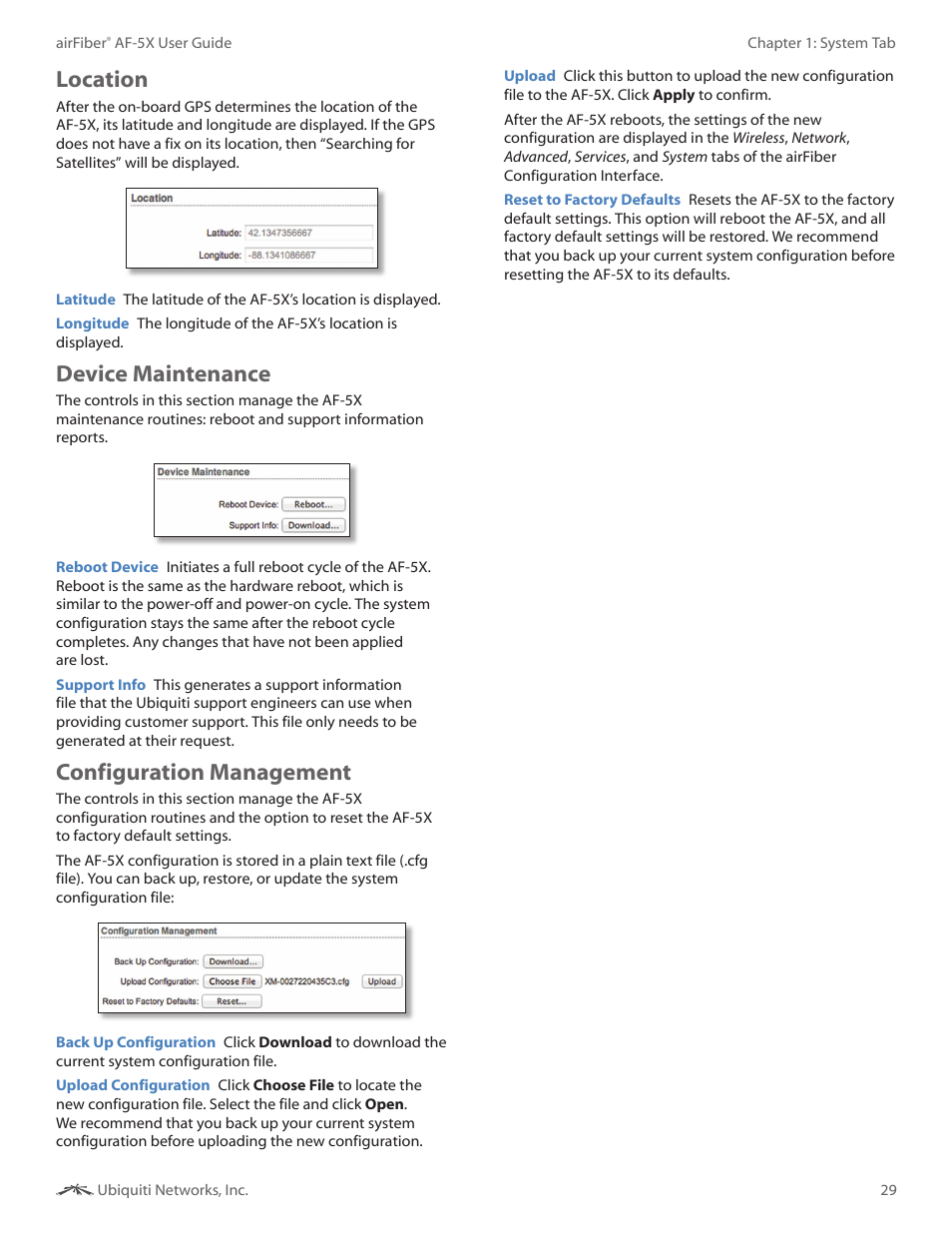 Location, Device maintenance, Configuration management | Ubiquiti Networks airFibe5X User Manual | Page 33 / 50