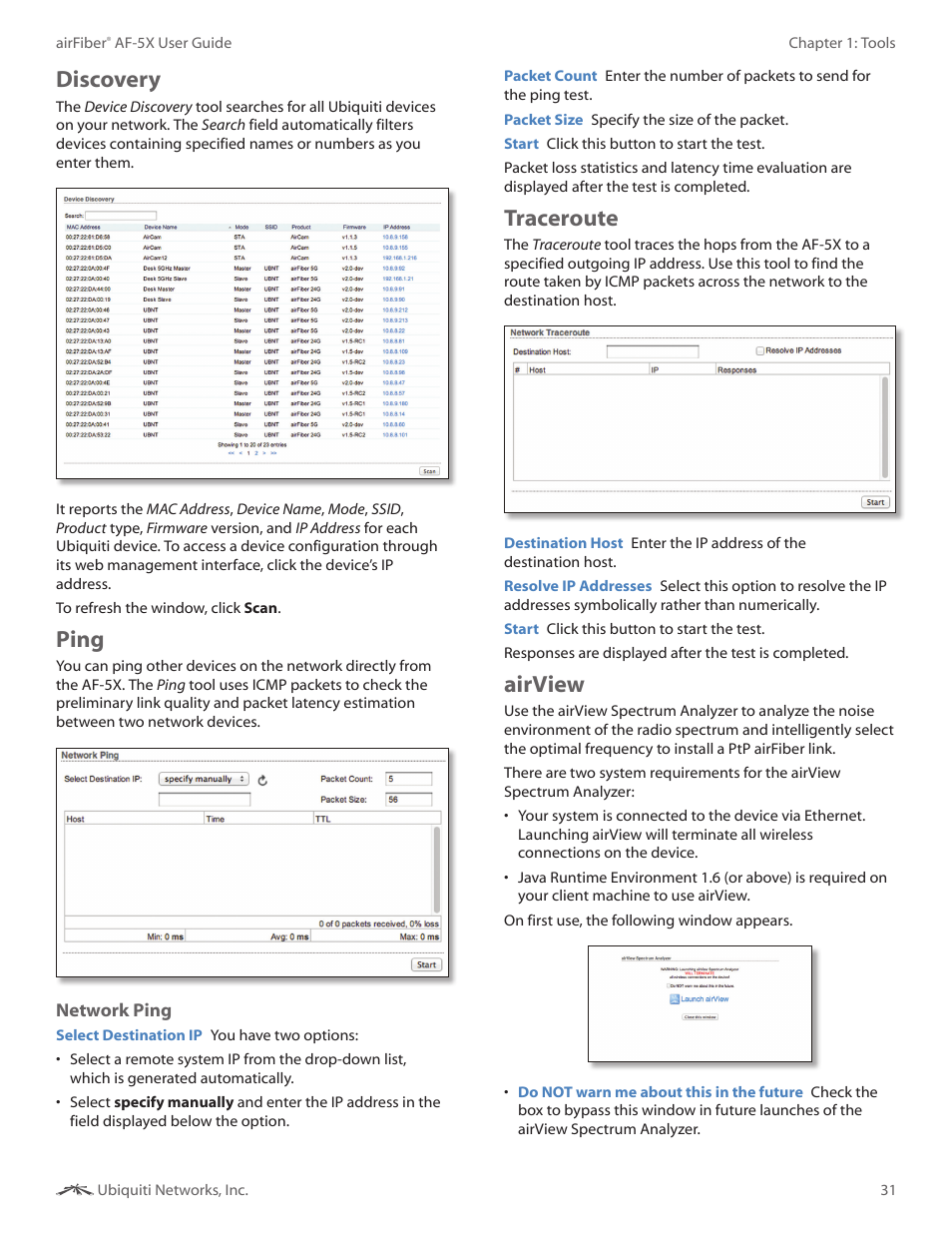 Discovery, Ping, Traceroute | Airview, Discovery ping traceroute airview | Ubiquiti Networks airFibe5X User Manual | Page 35 / 50