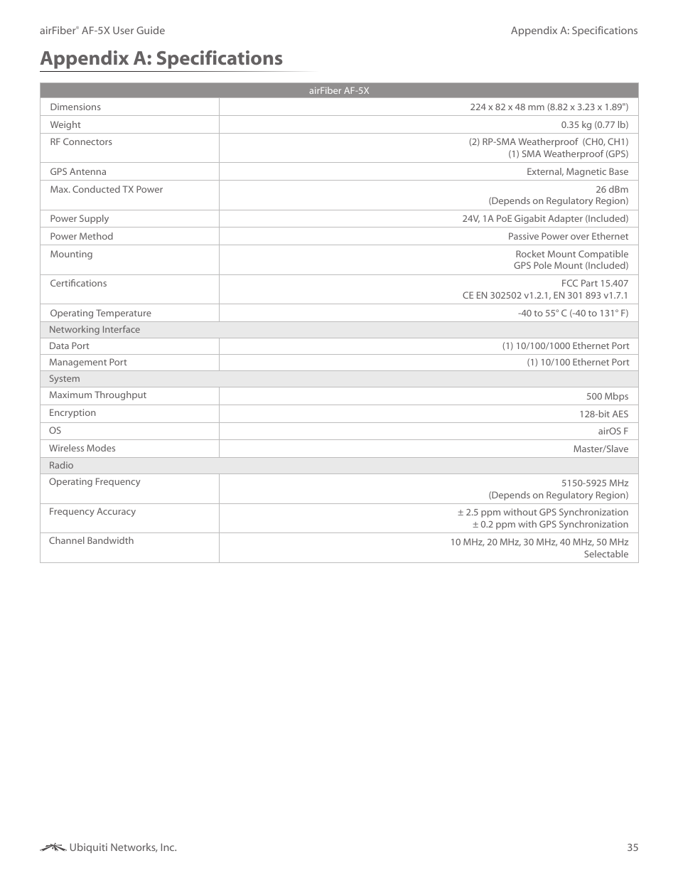 Appendix a: specifications, Appendix a, Specifications | Ubiquiti Networks airFibe5X User Manual | Page 39 / 50