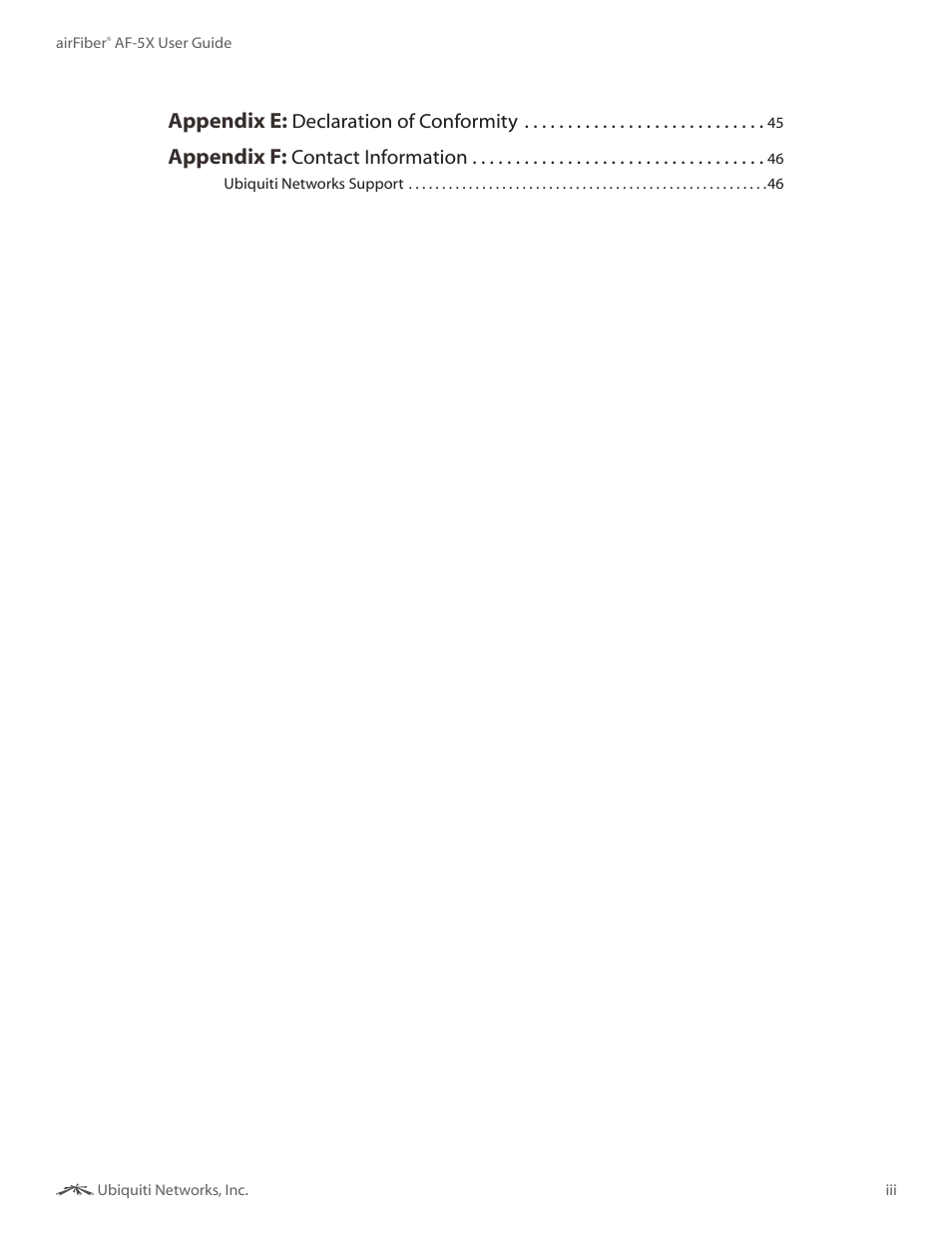 Appendix e, Appendix f, Declaration of conformity | Contact information | Ubiquiti Networks airFibe5X User Manual | Page 4 / 50