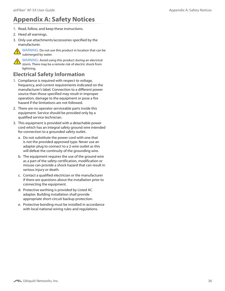 Appendix b: safety notices, Electrical safety information, Appendix b | Safety notices, Appendix a: safety notices | Ubiquiti Networks airFibe5X User Manual | Page 40 / 50