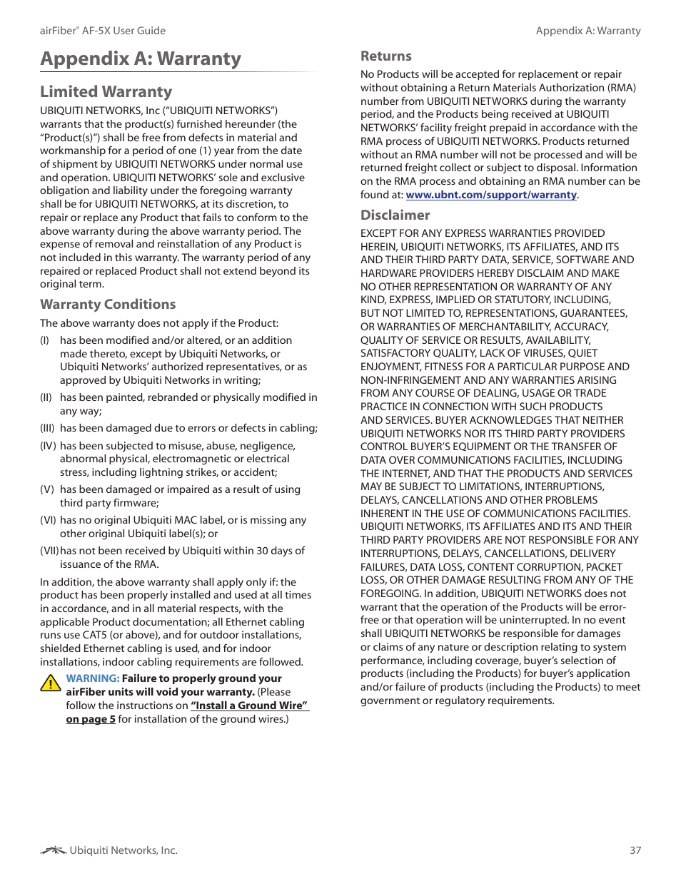 Appendix c: warranty, Limited warranty, Appendix c | Warranty, Appendix a: warranty, Warranty conditions, Returns, Disclaimer | Ubiquiti Networks airFibe5X User Manual | Page 41 / 50