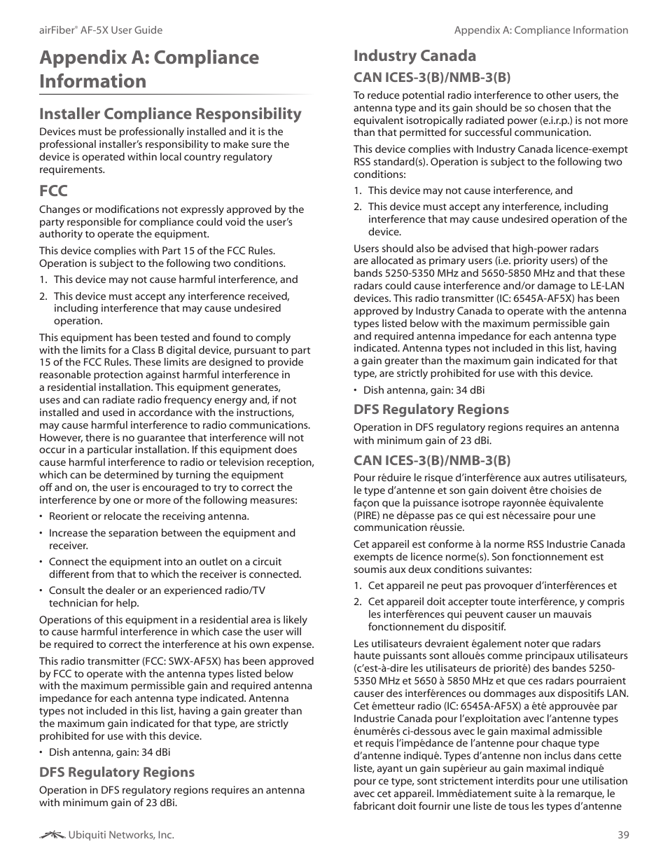 Appendix d: compliance information, Installer compliance responsibility, Industry canada | Appendix d, Compliance information, Appendix a: compliance information | Ubiquiti Networks airFibe5X User Manual | Page 43 / 50