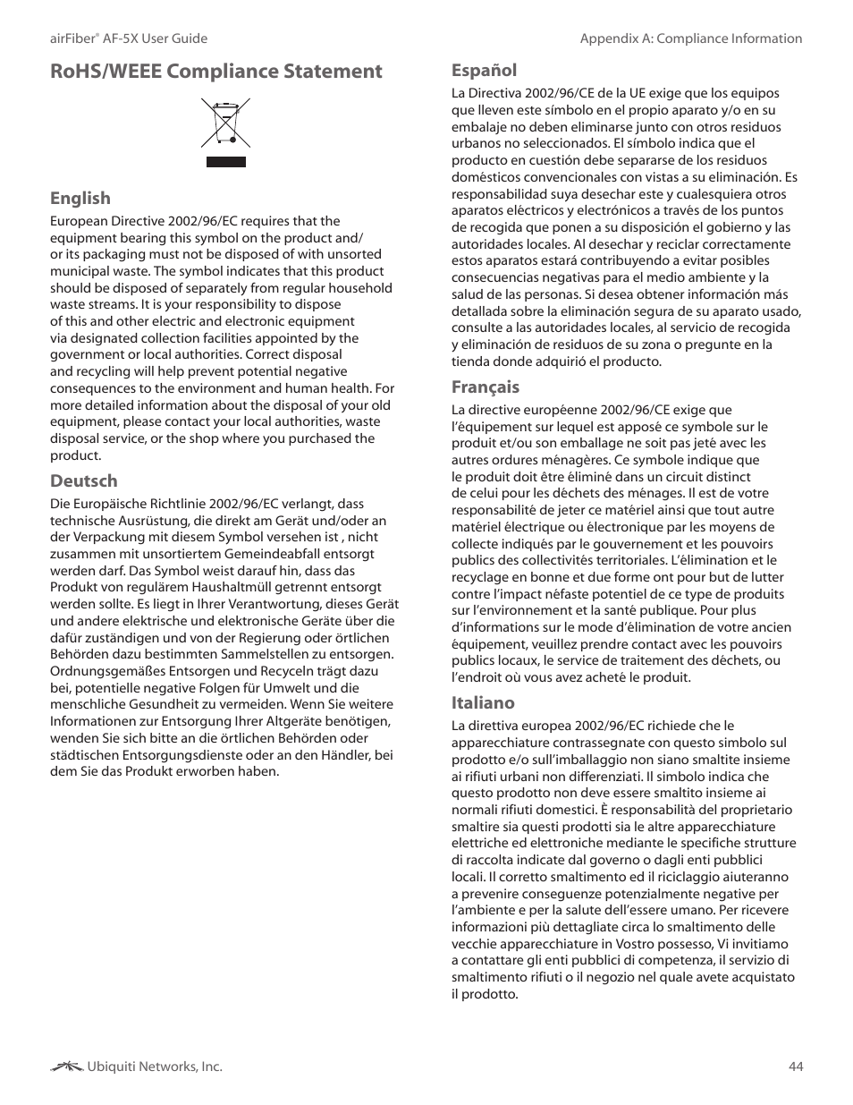 Rohs/weee compliance statement | Ubiquiti Networks airFibe5X User Manual | Page 48 / 50