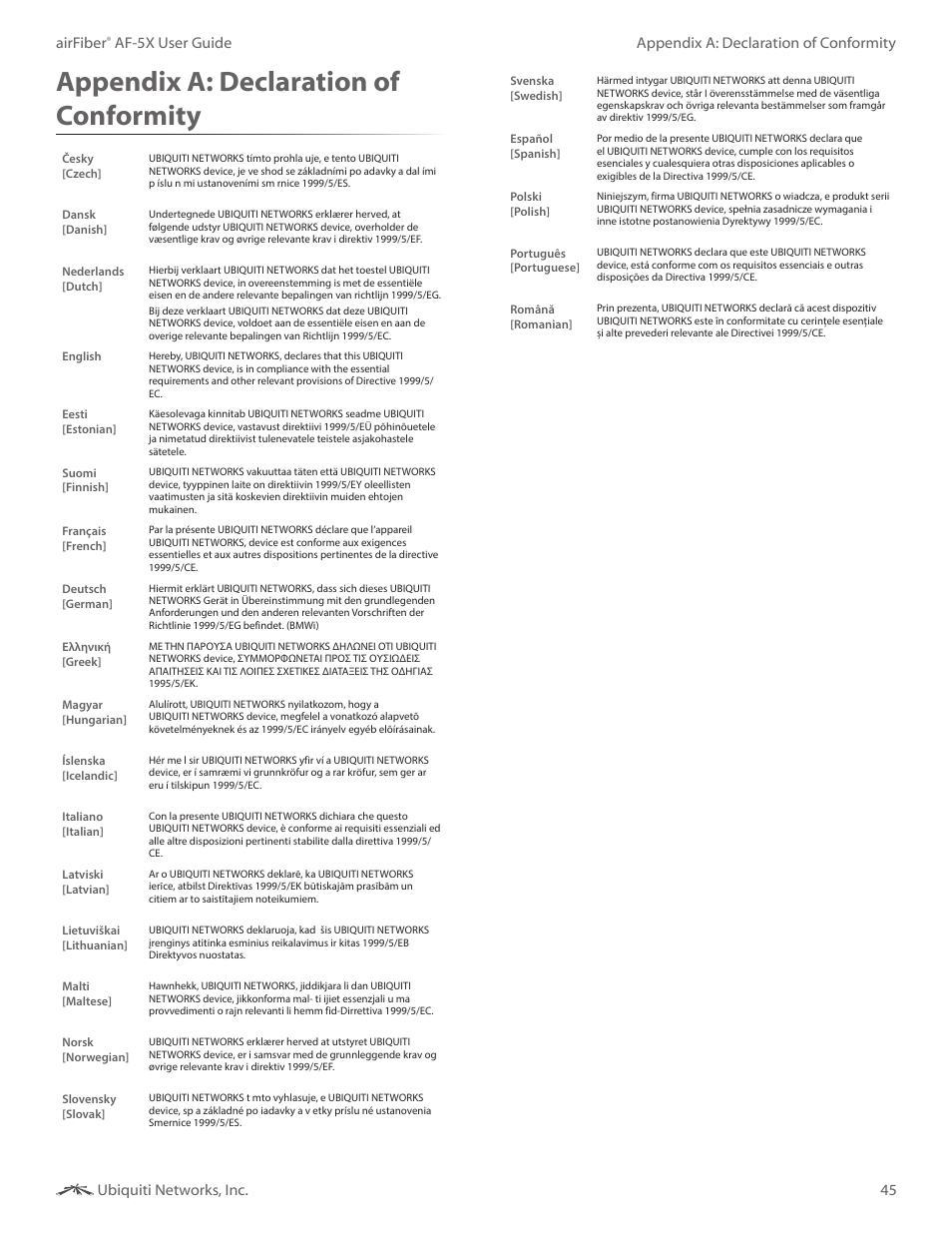 Appendix e: declaration of conformity, Appendix e, Declaration of conformity | Appendix a: declaration of conformity, 45 appendix a: declaration of conformity airfiber, Af-5x user guide ubiquiti networks, inc | Ubiquiti Networks airFibe5X User Manual | Page 49 / 50