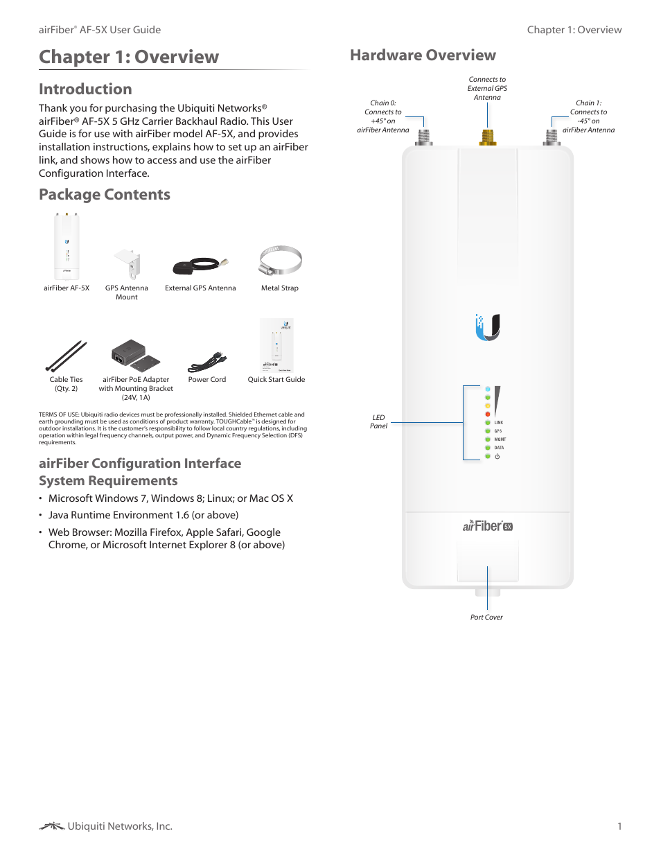 Chapter 1: overview, Introduction, Package contents | Hardware overview, Chapter 1, Overview | Ubiquiti Networks airFibe5X User Manual | Page 5 / 50
