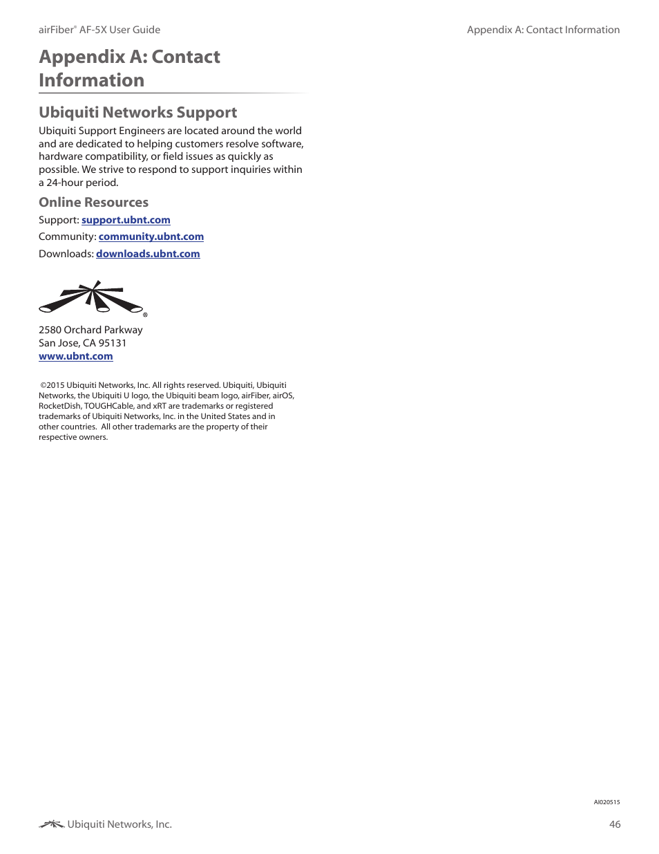 Appendix f: contact information, Ubiquiti networks support, Appendix f | Contact information, Appendix a: contact information, Online resources | Ubiquiti Networks airFibe5X User Manual | Page 50 / 50