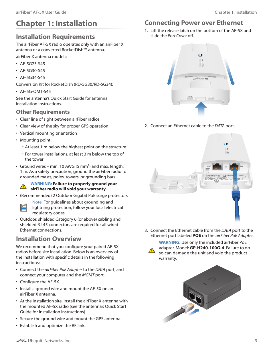 Chapter 2: installation, Installation requirements, Installation overview | Connecting power over ethernet, Chapter 2, Installation, Chapter 1: installation, Other requirements | Ubiquiti Networks airFibe5X User Manual | Page 7 / 50