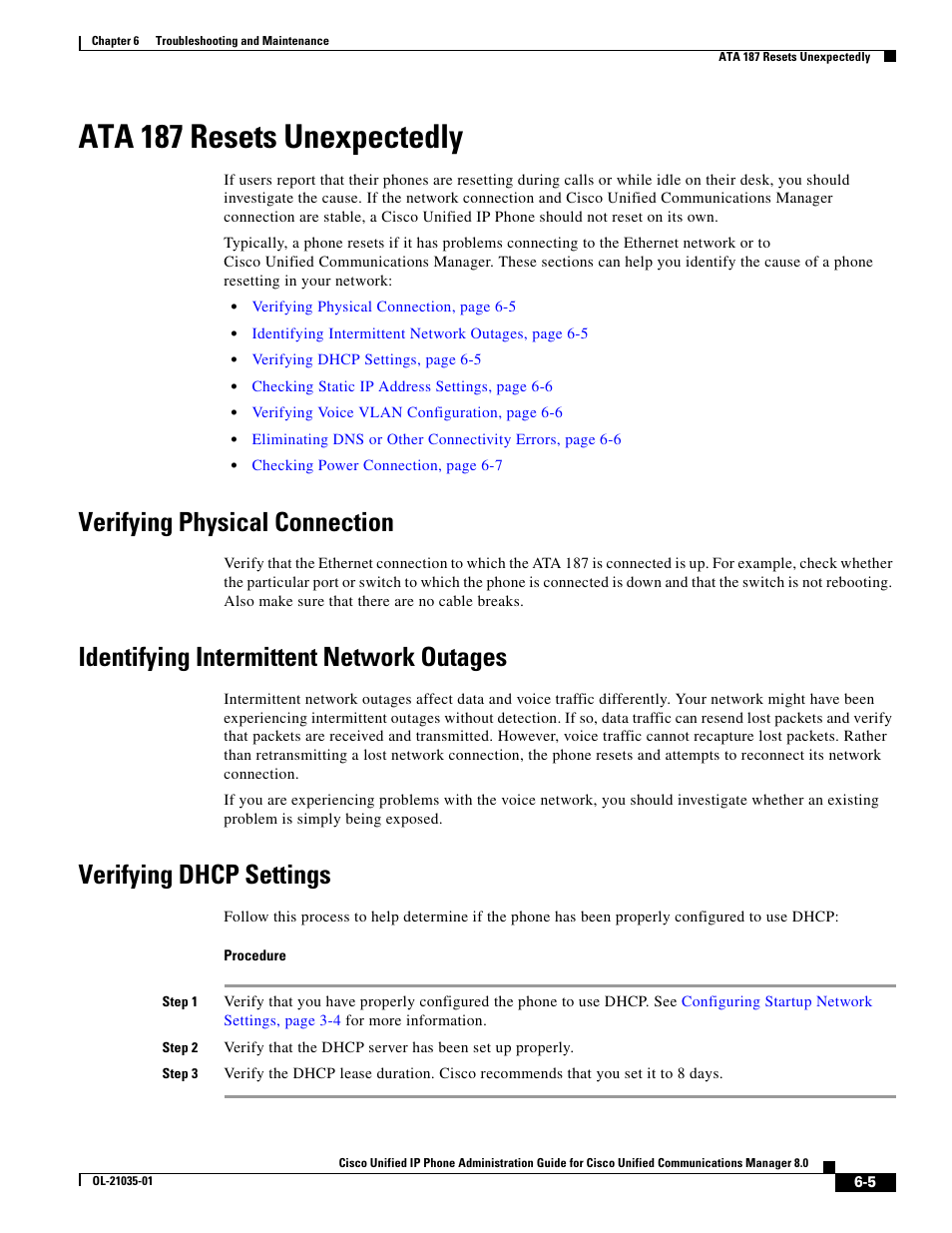 Ata 187 resets unexpectedly, Verifying physical connection, Identifying intermittent network outages | Verifying dhcp settings | Cisco OL-21035-01 User Manual | Page 5 / 10