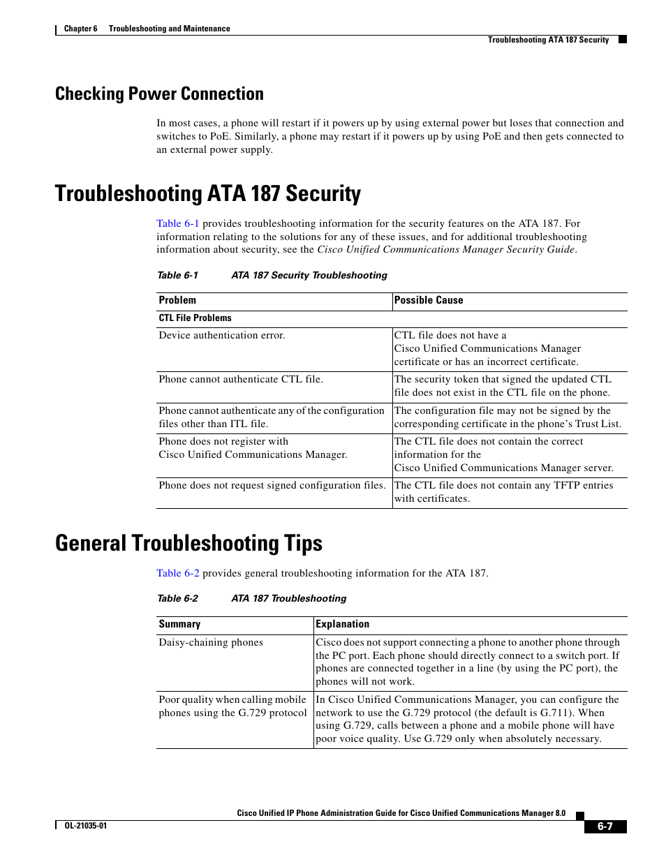 Checking power connection, Troubleshooting ata 187 security, General troubleshooting tips | Cisco OL-21035-01 User Manual | Page 7 / 10