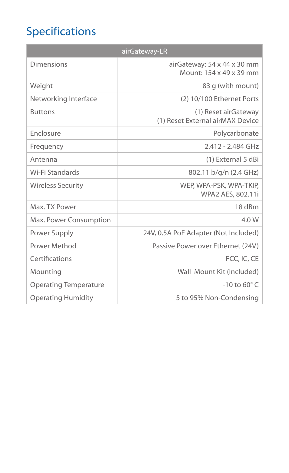Specifications | Ubiquiti Networks airGateway User Manual | Page 14 / 24