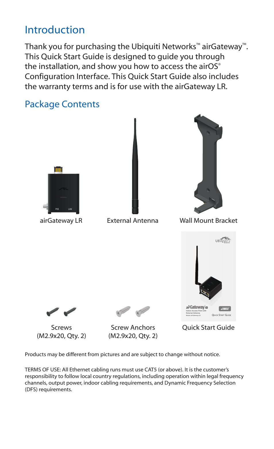 Introduction, Package contents, Airgateway | Ubiquiti Networks airGateway User Manual | Page 2 / 24