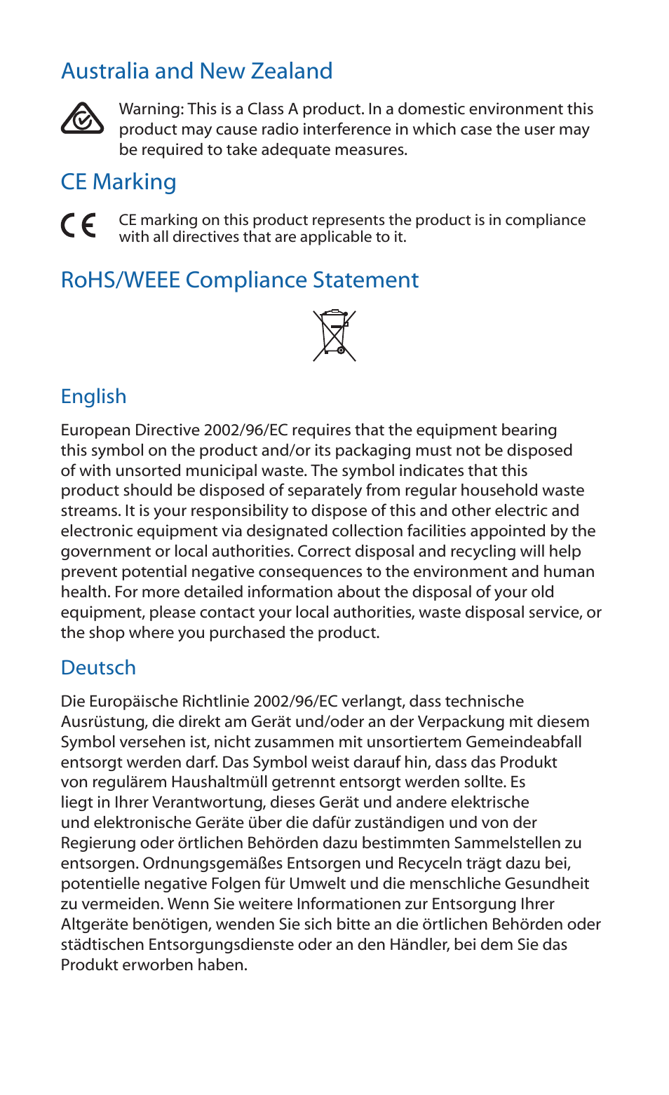 Australia and new zealand, Ce marking, Rohs/weee compliance statement | Ubiquiti Networks airGateway User Manual | Page 20 / 24