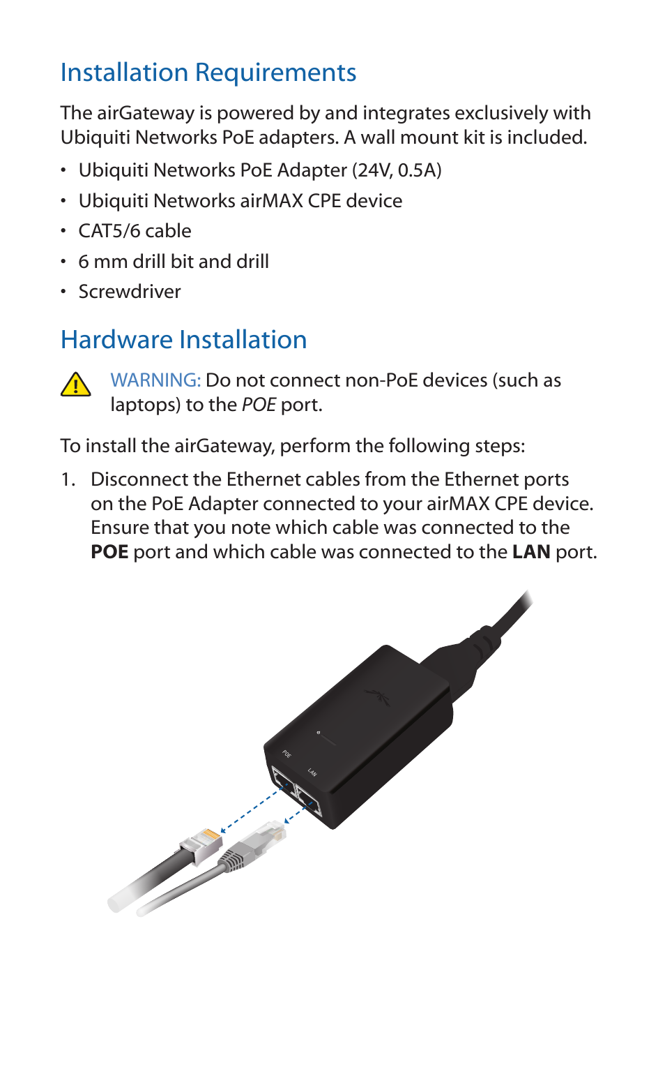 Installation requirements, Hardware installation | Ubiquiti Networks airGateway User Manual | Page 5 / 24