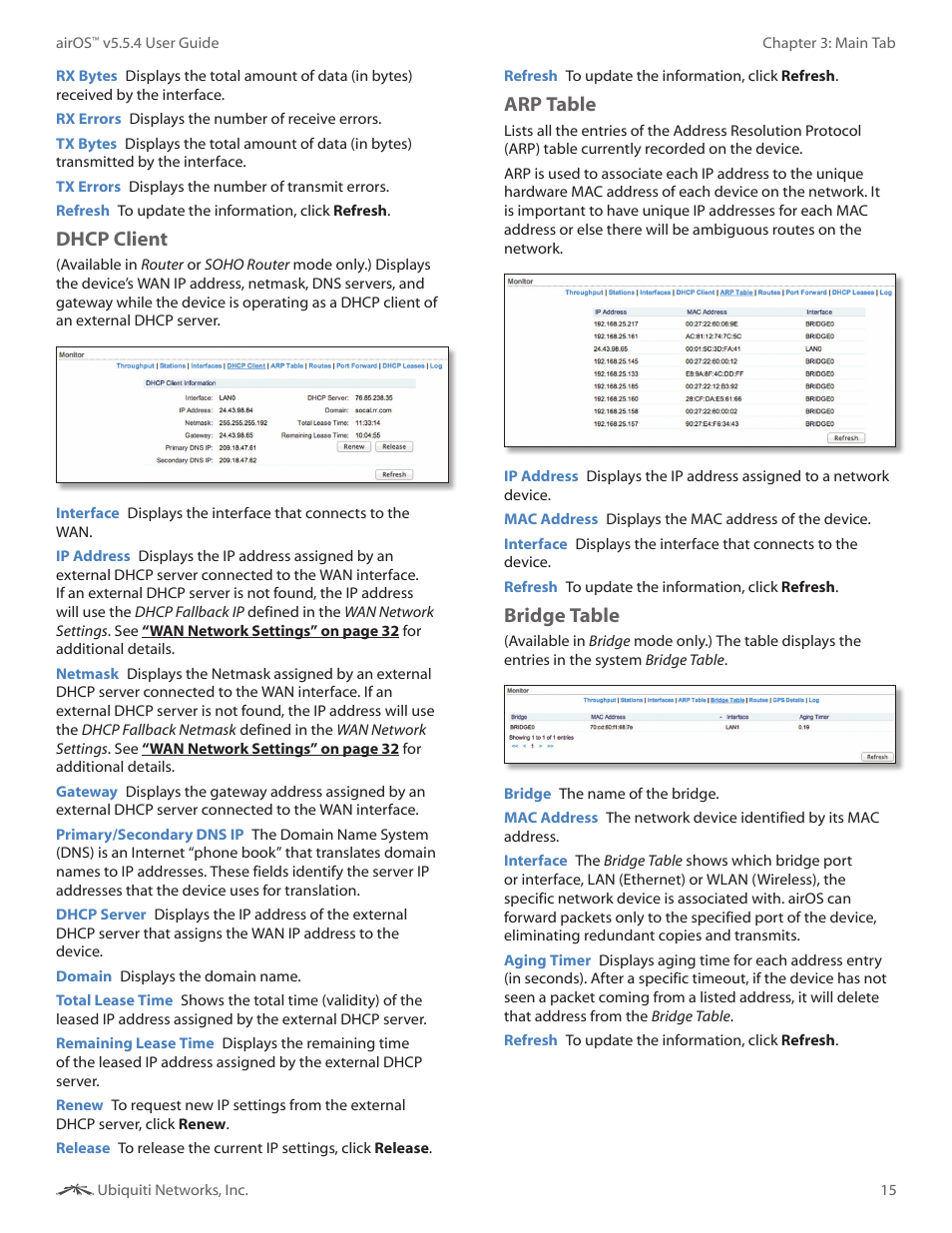 Dhcp client, Arp table, Bridge table | Ubiquiti Networks PowerBridgM User Manual | Page 18 / 67