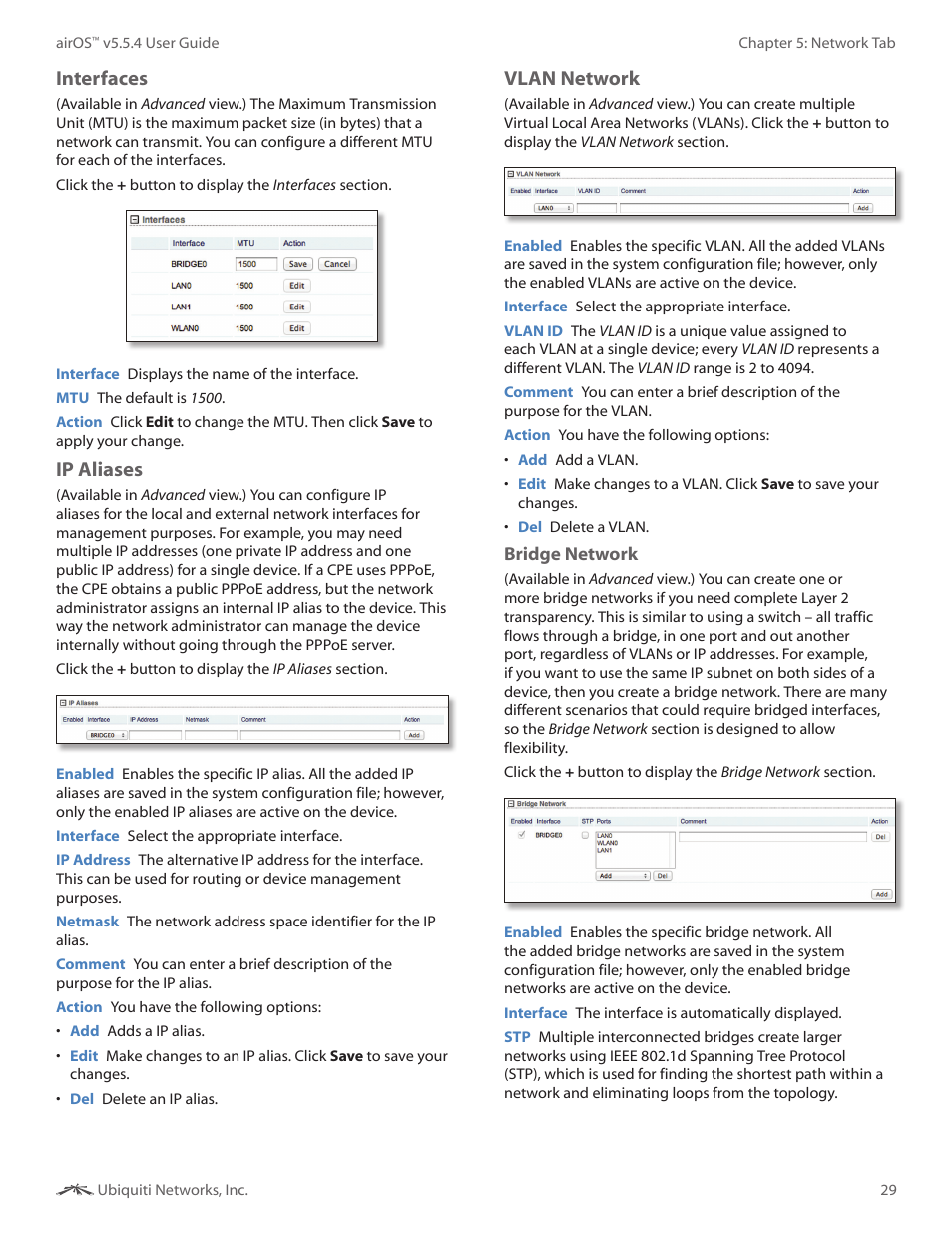 Interfaces, Ip aliases, Vlan network | Ubiquiti Networks PowerBridgM User Manual | Page 32 / 67