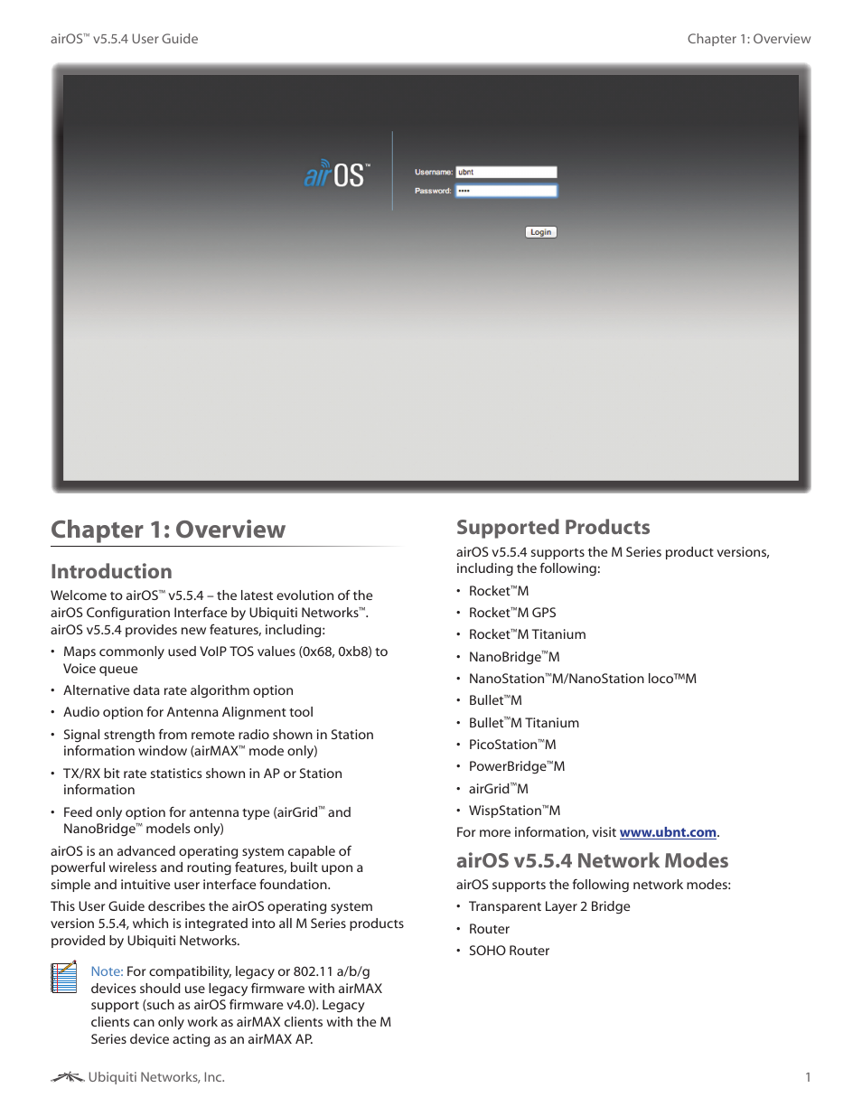 Chapter 1: overview, Introduction, Supported products | Airos v5.5.4 network modes, Chapter 1, Overview | Ubiquiti Networks PowerBridgM User Manual | Page 4 / 67