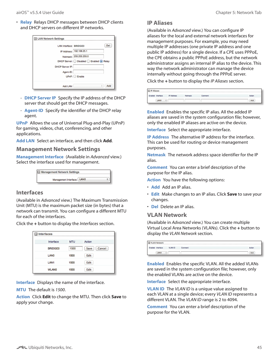 Management network settings, Interfaces, Ip aliases | Vlan network | Ubiquiti Networks PowerBridgM User Manual | Page 48 / 67