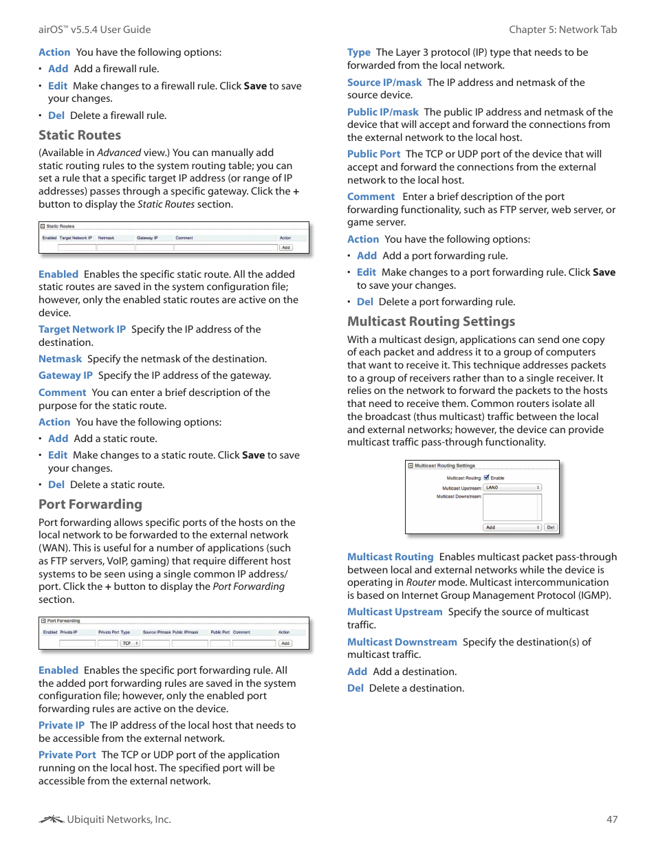 Static routes, Port forwarding, Multicast routing settings | Ubiquiti Networks PowerBridgM User Manual | Page 50 / 67
