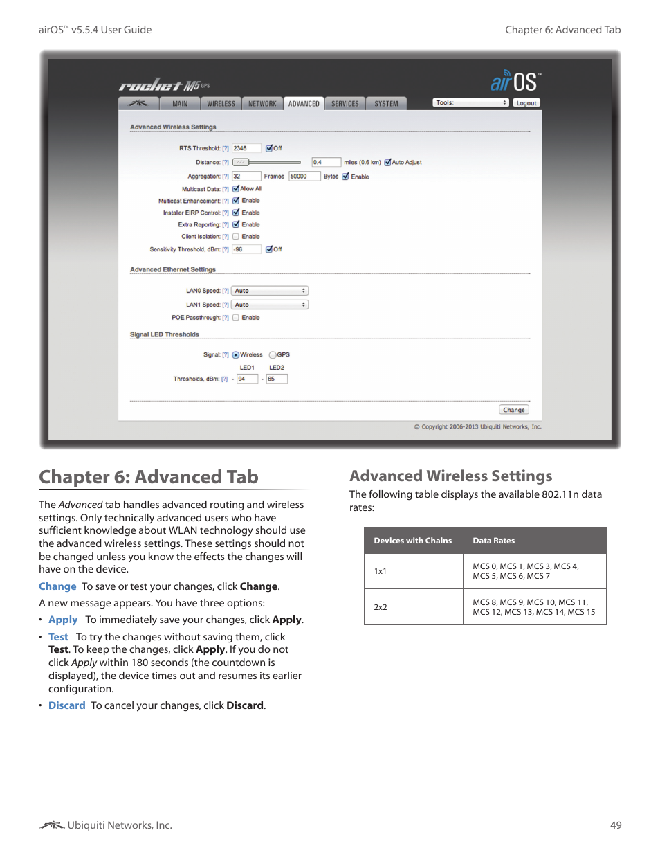 Chapter 6: advanced tab, Advanced wireless settings, Chapter 6 | Advanced tab | Ubiquiti Networks PowerBridgM User Manual | Page 52 / 67