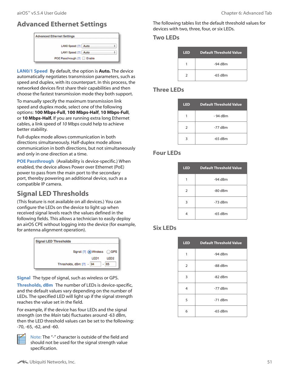Advanced ethernet settings, Signal led thresholds, Advanced ethernet settings signal led thresholds | Two leds, Three leds, Four leds, Six leds | Ubiquiti Networks PowerBridgM User Manual | Page 54 / 67