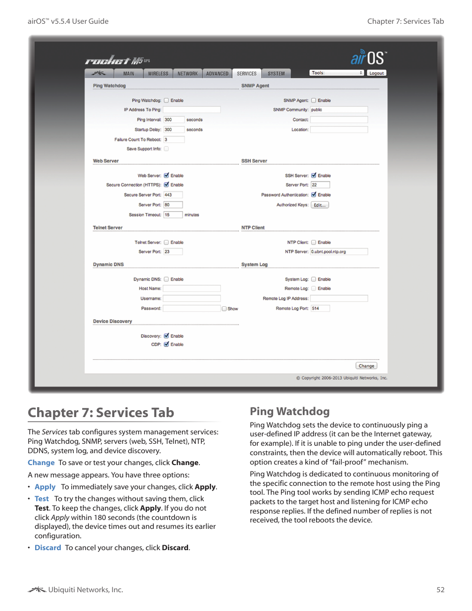 Chapter 7: services tab, Ping watchdog, Chapter 7 | Services tab | Ubiquiti Networks PowerBridgM User Manual | Page 55 / 67