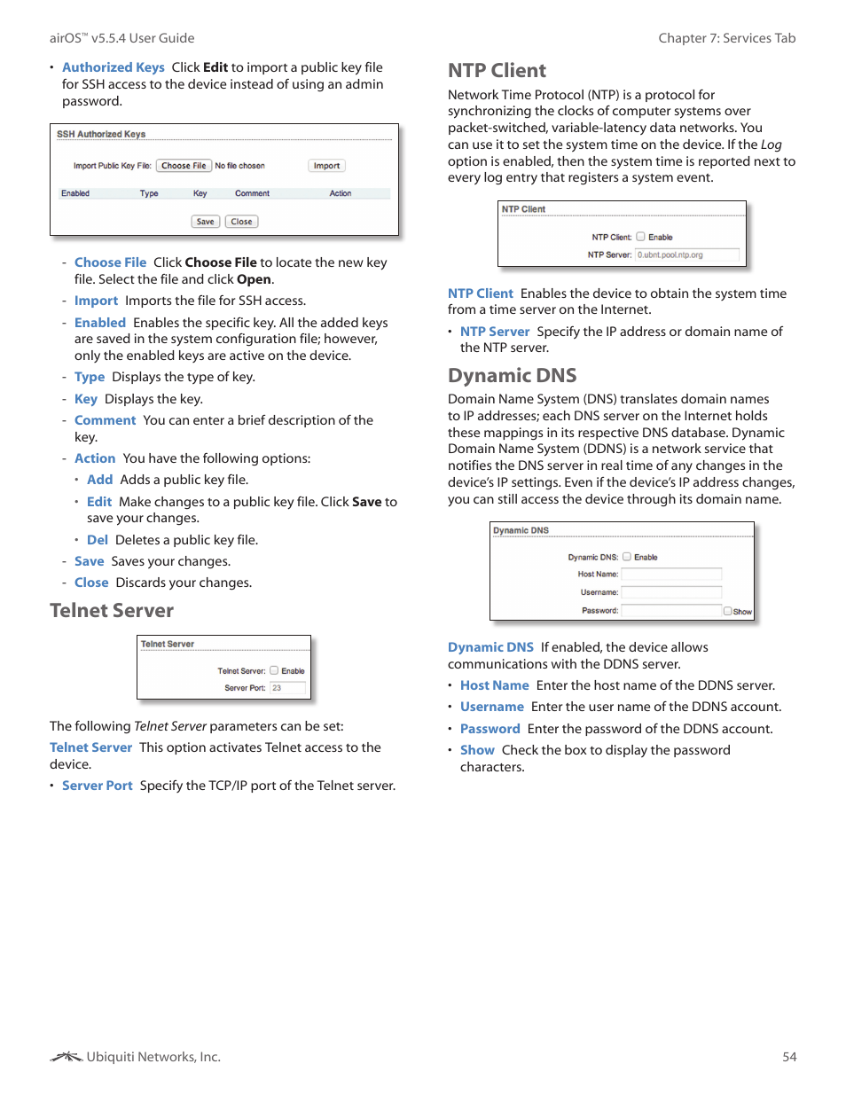 Telnet server, Ntp client, Dynamic dns | Telnet server ntp client dynamic dns | Ubiquiti Networks PowerBridgM User Manual | Page 57 / 67