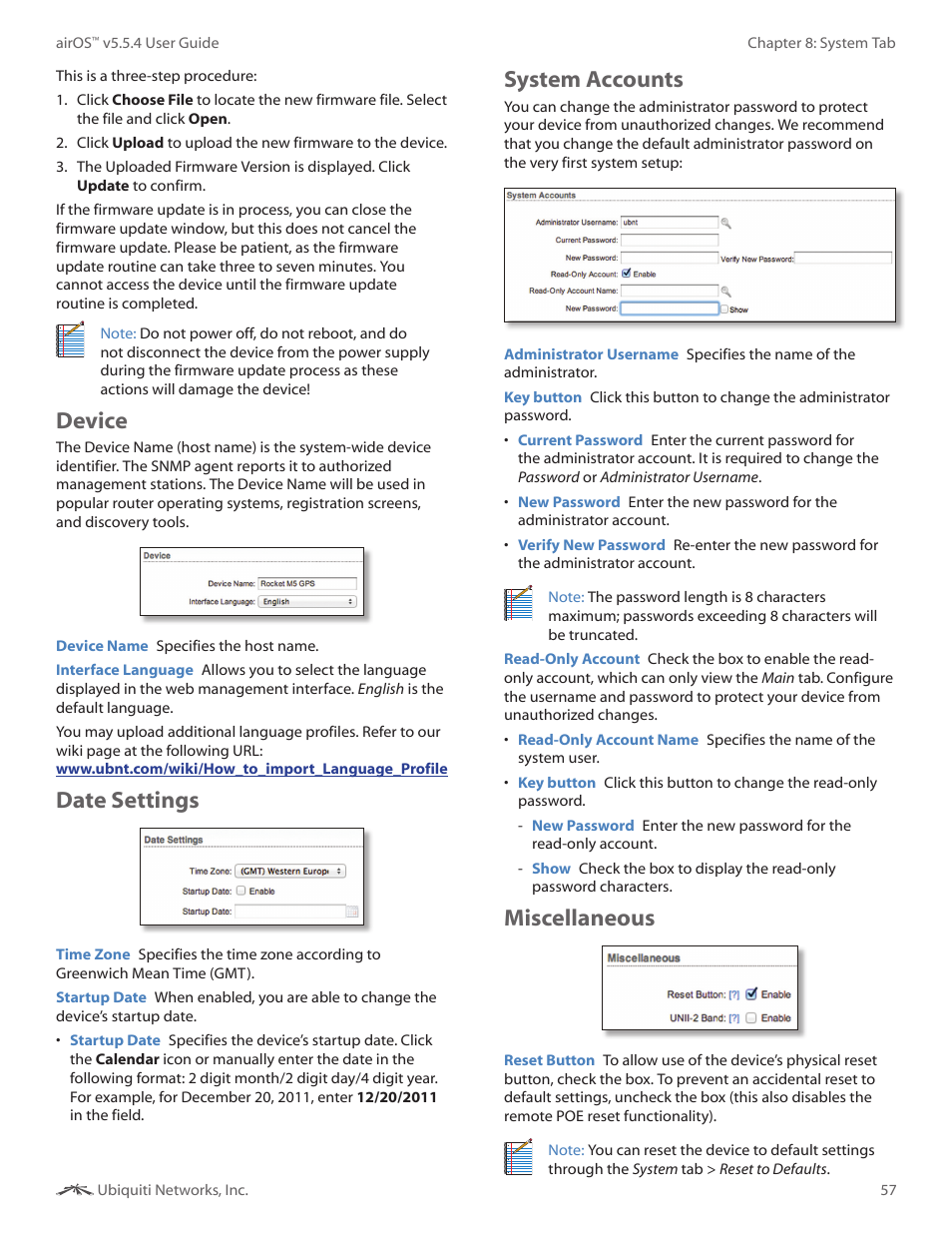 Device, Date settings, System accounts | Miscellaneous, Device date settings system accounts miscellaneous | Ubiquiti Networks PowerBridgM User Manual | Page 60 / 67