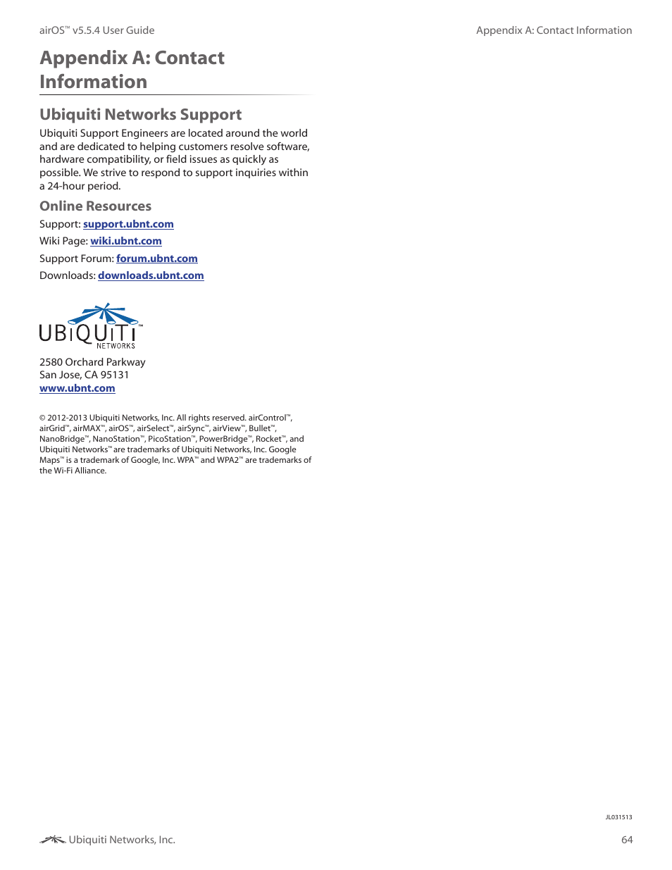 Appendix a: contact information, Ubiquiti networks support, Appendix a | Contact information, Online resources | Ubiquiti Networks PowerBridgM User Manual | Page 67 / 67