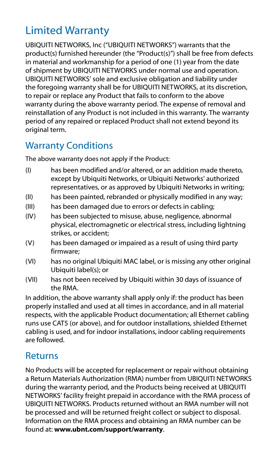 Limited warranty, Warranty conditions, Returns | Ubiquiti Networks airGriM User Manual | Page 17 / 24