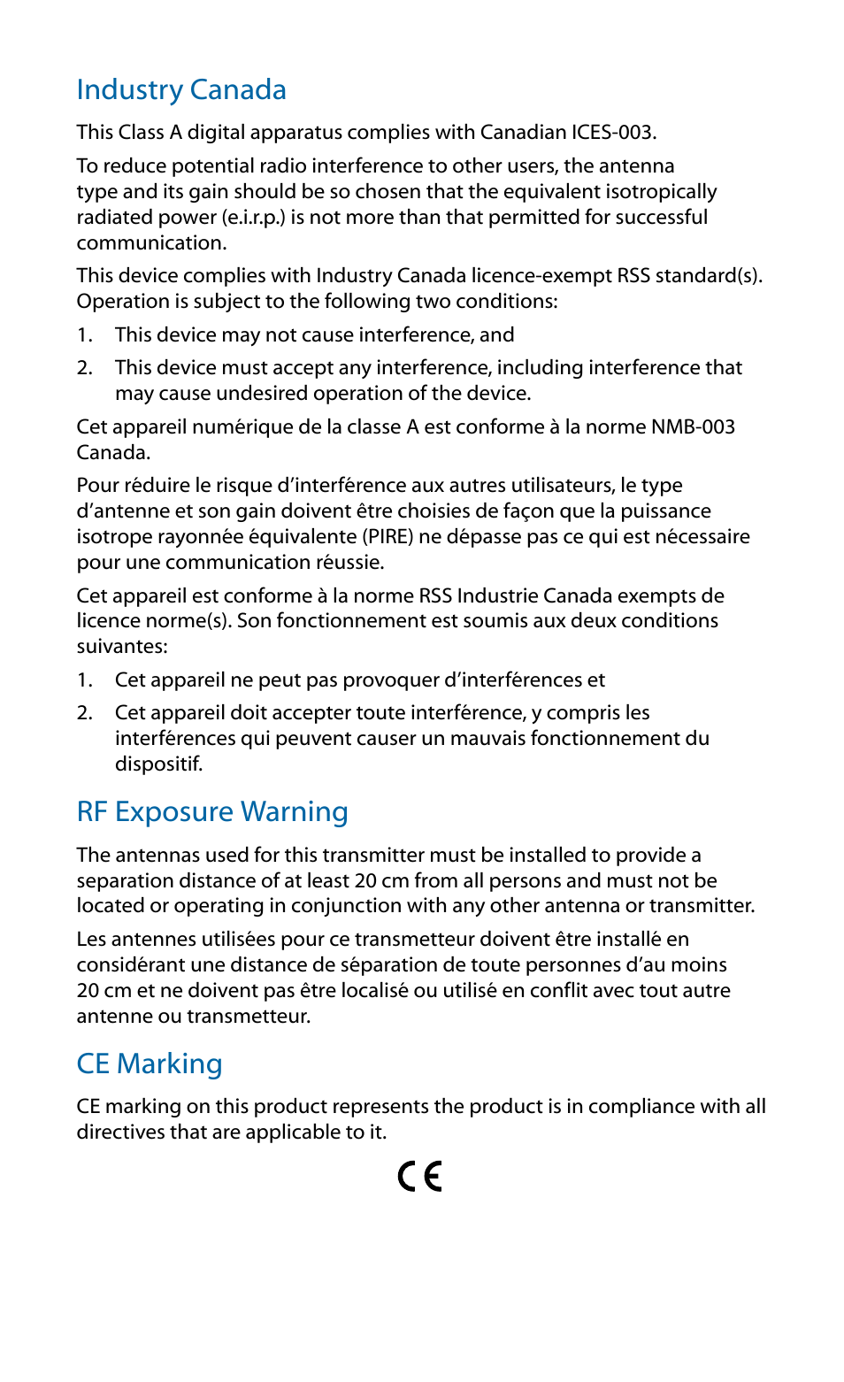 Industry canada, Rf exposure warning, Ce marking | Ubiquiti Networks airGriM User Manual | Page 20 / 24