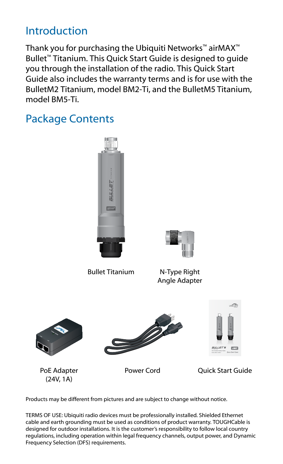 Introduction, Package contents | Ubiquiti Networks BulleM User Manual | Page 2 / 24