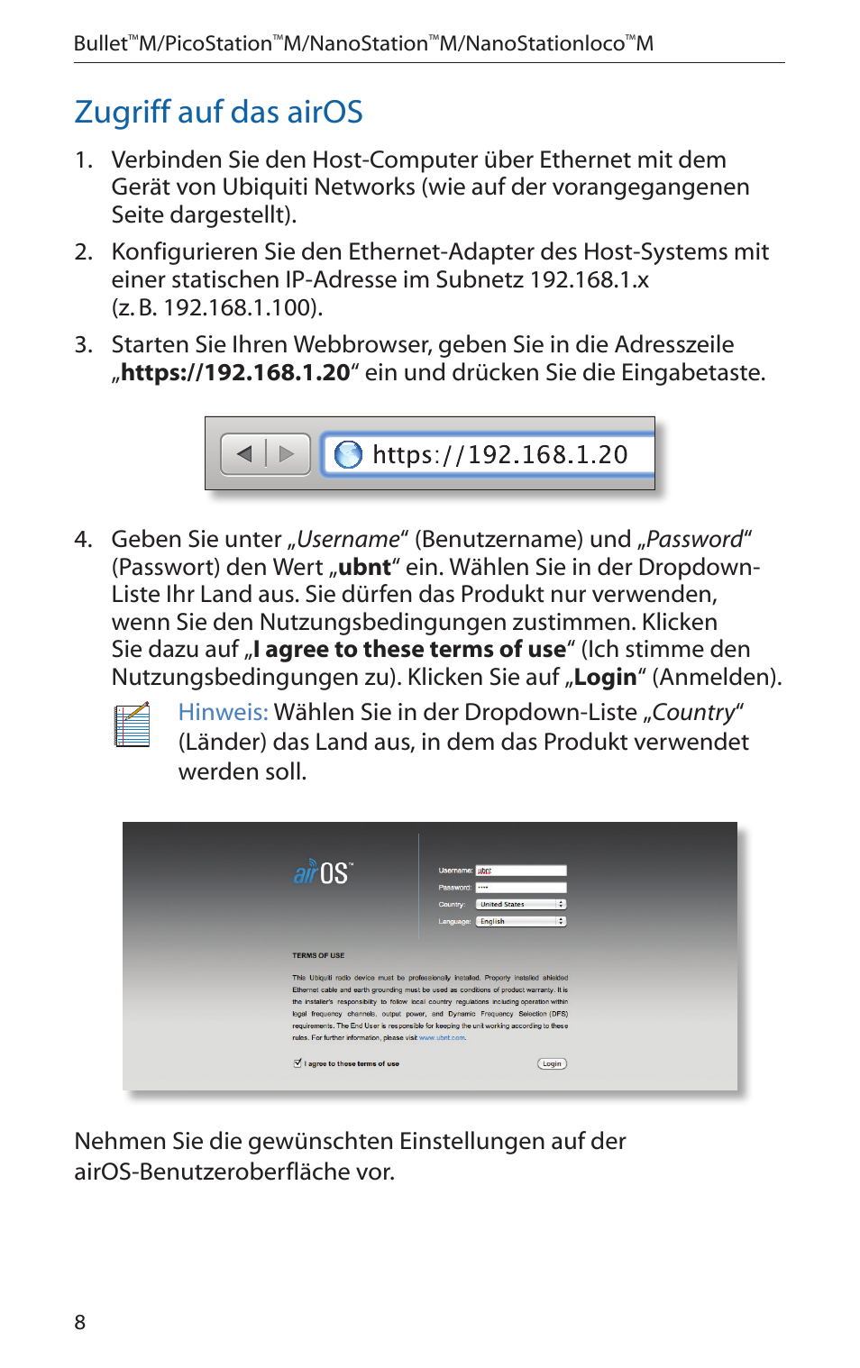 Zugriff auf das airos | Ubiquiti Networks PicoStatioM User Manual | Page 10 / 40