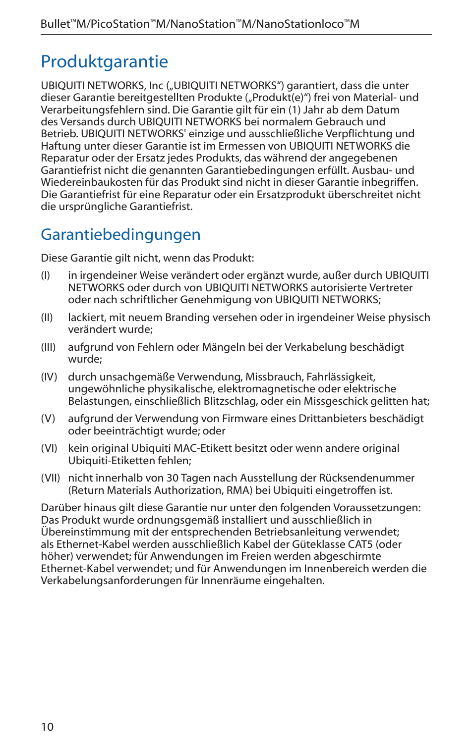 Produktgarantie, Garantiebedingungen | Ubiquiti Networks PicoStatioM User Manual | Page 12 / 40